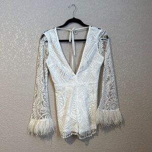Elegant White Lace Romper with Feather Trim